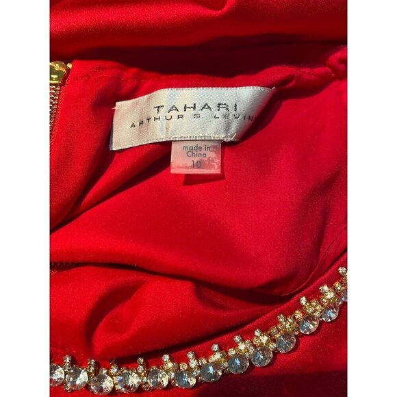 Tahari ASL Red Asymmetrical Sleeve Cocktail Dress, Rhinestones Women's Size 10 - Picture 9 of 10